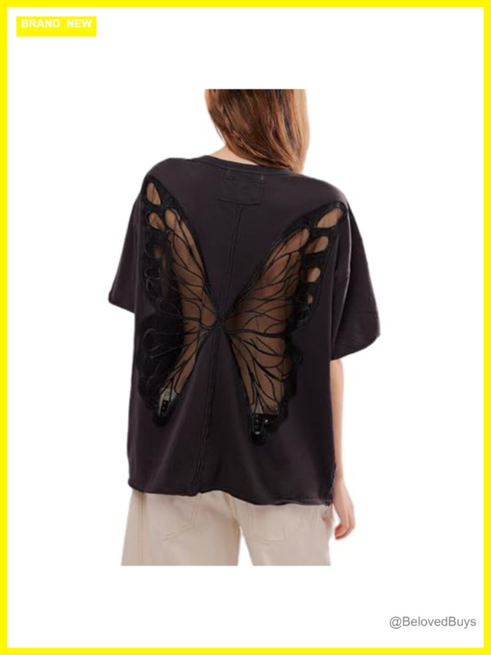 Women Butterfly Cutout Short Sleeve Crew Neck Loose Fit Tee Y2K Streetwear